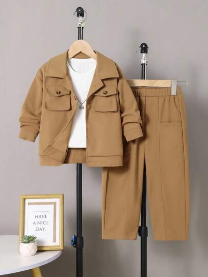 2pcs Boys' Casual Utility Pocket Long Sleeve Jacket And Comfortable Woven Pants Set Boys Brown 2 Piece Set Boys Autumn Winter Casual Two Piece Set Boys Casual Outfit Set Toddler Boy Brown Outfit Set Kids Brown Two Piece Set