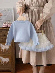 SHEIN 2pcs Baby Girl Bow Decor Button Front Sweater Set And Ombre Tulle Skirt Tutu Dress, Suitable For Family Gatherings, Halloween, New Year, Thanksgiving, Christmas Fall Winter