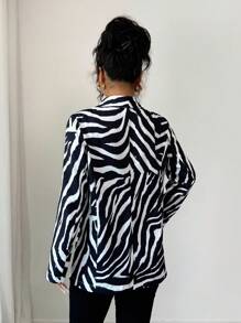 Elenzga Elegante y elegante blazer de manga larga con estampado de cebra para mujer - Negro - Ver 2