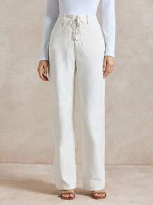 Briarwyn Pantalon droit décontracté pour femmes, couleur unie, avec œillets à la taille, liens et poches. Convient pour l'automne, la rentrée scolaire, le style "Old Money" et les voyages en avion - Blanc - Voir 1