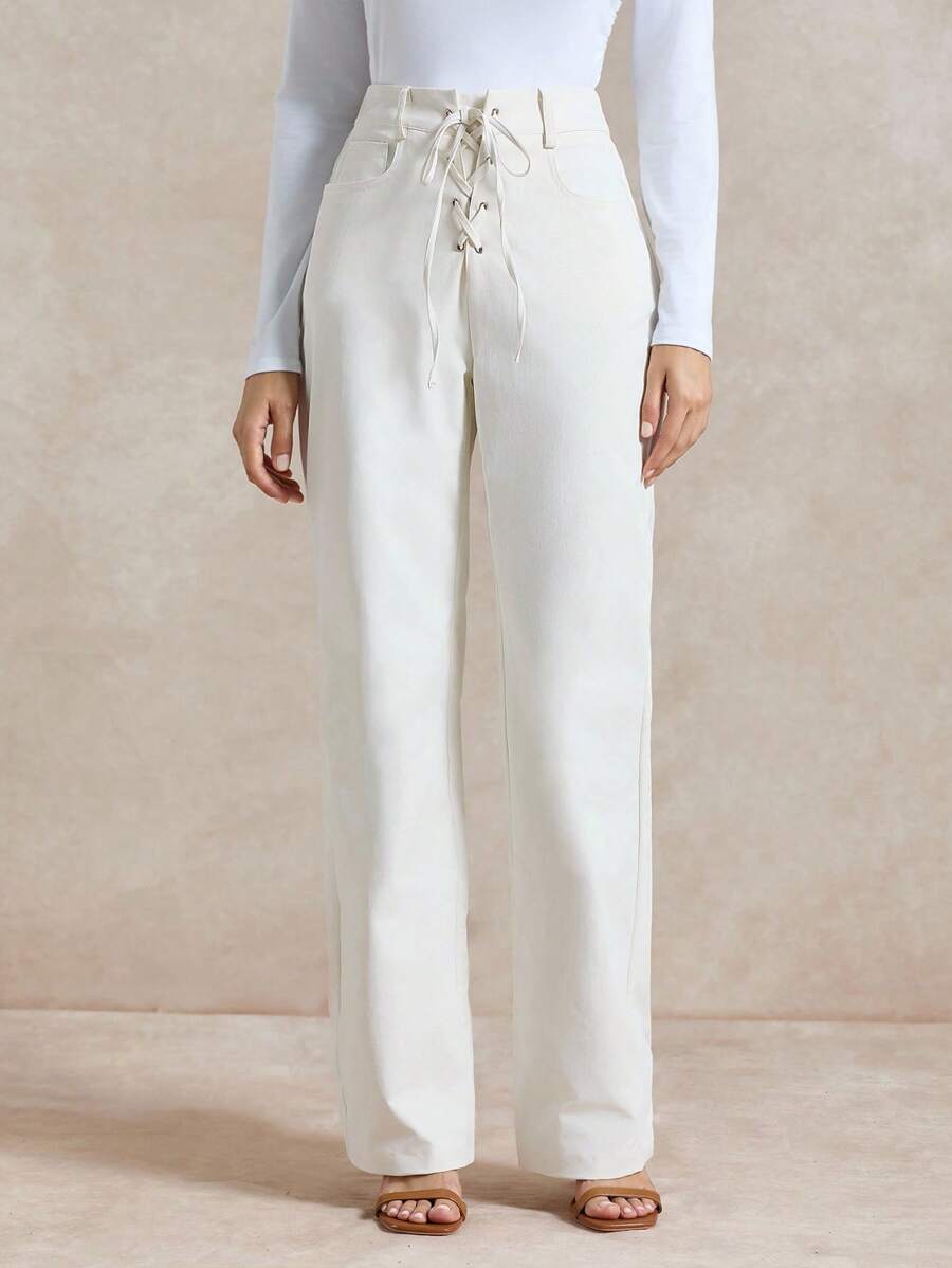 Briarwyn Pantalon droit décontracté pour femmes, couleur unie, avec œillets à la taille, liens et poches. Convient pour l'automne, la rentrée scolaire, le style "Old Money" et les voyages en avion - Blanc - Voir 1