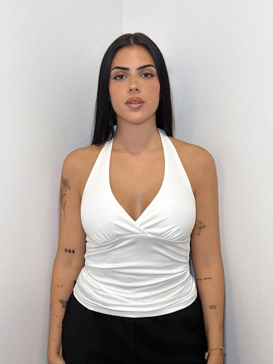 Lucia Bellido 女士纯色露背系带休闲衬衫,日常穿着 - 白色 - 查看 1