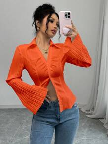 Selianne Women's French Style V-Neck White Blouse, Cinched Waist, Autumn Casual Outfits Spring Fall Cloth For Women