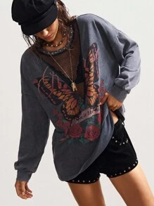 Bohemela Plus Size Women Butterfly Print Crew Neck Drop Shoulder Long Sleeve Casual Loose Sweatshirt