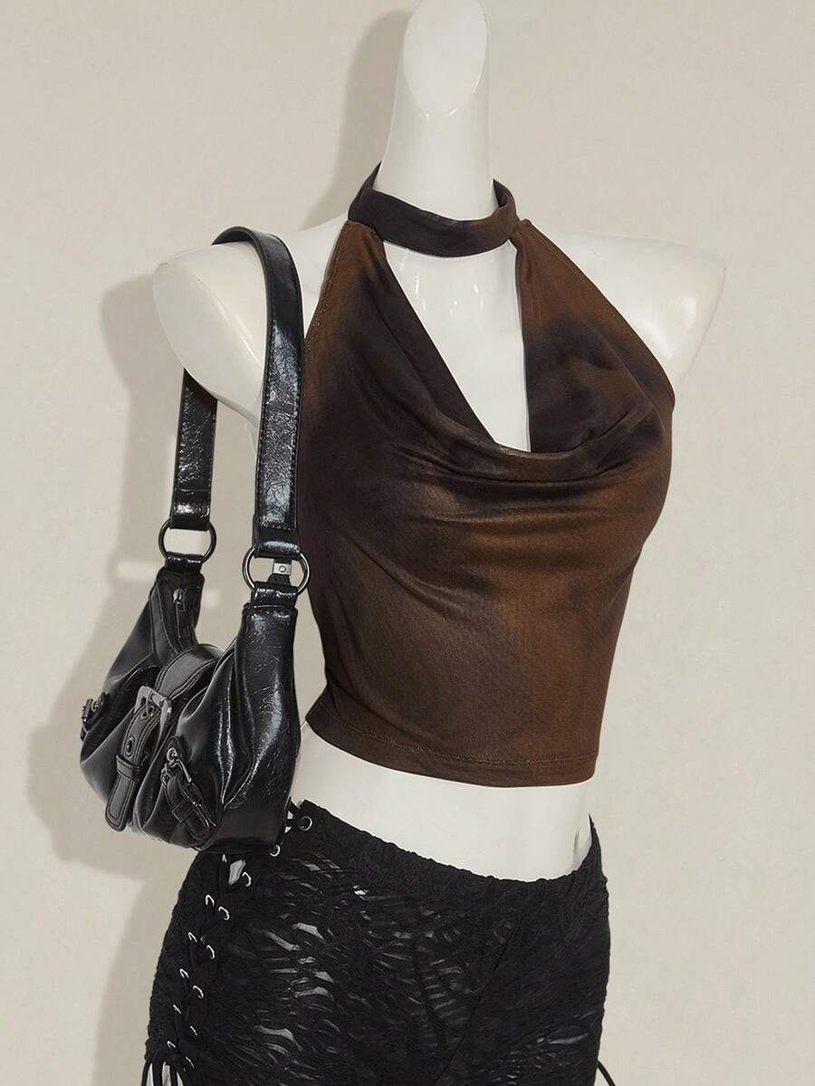 SHEIN ICON Y2k 夏季外出俱乐部音乐会黑红西部嬉皮花卉女式扎染网眼印花露背背心 - 棕色 - 查看 1