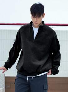 DAZY 男士纹理面料复合抓绒半拉链套头卫衣，秋冬季 - 黑色 - 查看 3