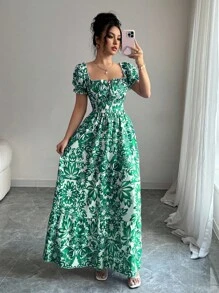 Elenzga New Floral Print Bubble Sleeve Tie Front Backless Waist Cinched Dress, Elegant & Chic For Vacation, Casual Dates, Flattering & Slimming