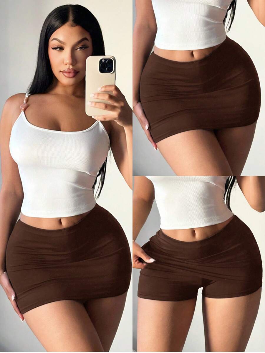 SHEIN SXY 女式黑色性感休闲迷你紧身裙（含紧身裤） - 棕色 - 查看 1