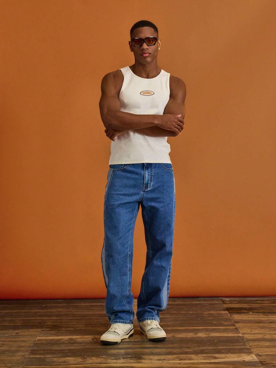 Musero Slim Fit Panel Detailing Denim Jean Pants Button Fastening Summer Spring Vacation - Multicolor - View 1