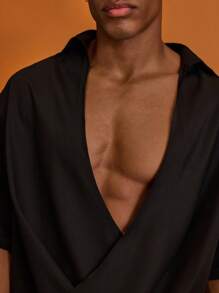 Musero Draped Chiffon V-Neck Short Sleeve Shirt Summer Holiday Vacation - Black - View 6