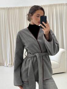 Aloruh Abrigo reversible de manga larga con contraste de color gris para otoño/invierno - Gris - Ver 4