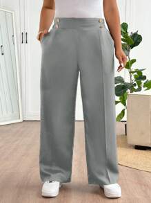 SHEIN Frenchy Plus Size Women's Fashion Casual Black Long Pants, Daily Commute & Outdoor Necessities, Metal Button Decoration, Functional Pockets, 2025 New Stylish Black Trousers