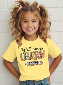 SHEIN 返校可爱铅笔印花休闲薄荷绿短袖T恤，适合年轻女孩 - 黃色 - 查看 1