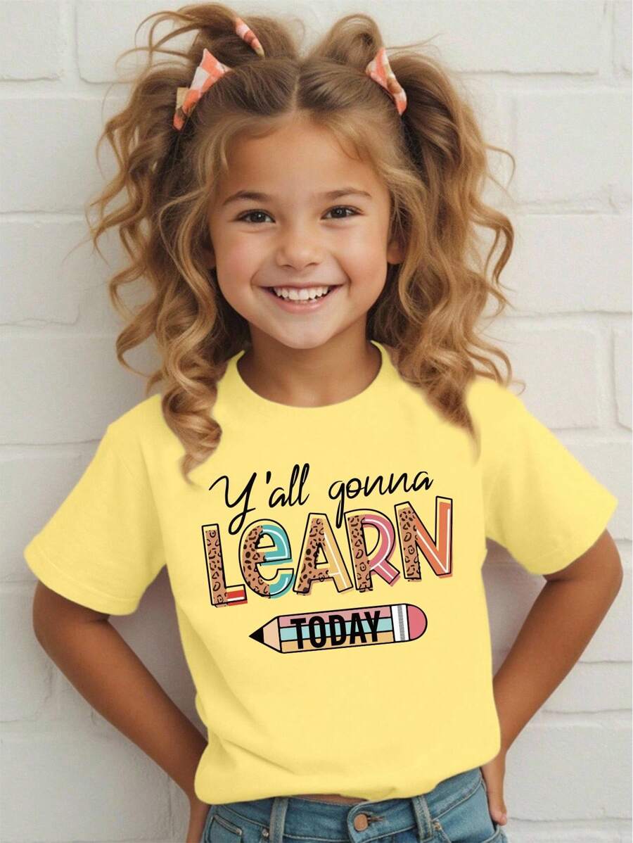 SHEIN 返校可爱铅笔印花休闲薄荷绿短袖T恤，适合年轻女孩 - 黃色 - 查看 1