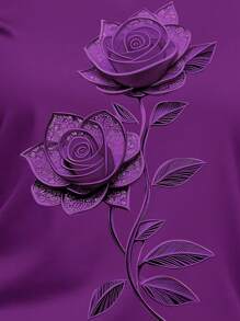 Women's Purple Floral Print Round Neck Short Sleeve T-Shirt, Suitable For Summer - Purple - View 5