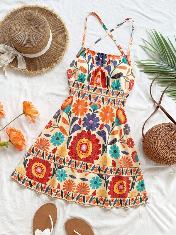 Soleia Abito mini a-line con stampa floreale colorata e retrò, con spalline sottili e schiena scoperta, adatto per spiaggia, vacanza, appuntamento, tè pomeridiano, crociera, gita in auto, tutte le stagioni, festival musicali, vacanza bohémien, può essere indossato dentro o fuori