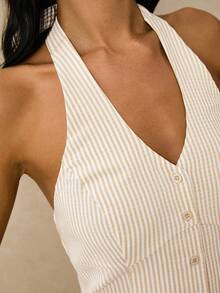 Poéselle 女式梭织条纹单排扣休闲露背上衣 - 卡其色 - 查看 6