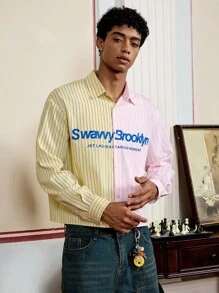 SWAVVY 男式撞色条纹拼布英式印花衬衫 - 彩色 - 查看 4