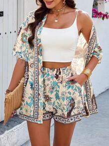 Selianne 2pcs Women Boho Style Retro Print Long Cardigans And Shorts Set