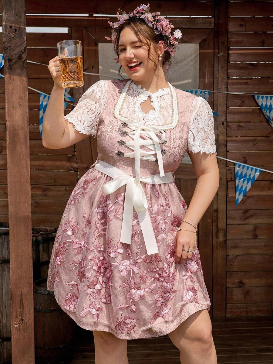 SHEIN Frenchy Plus Size Traditional Lace Patchwork Textured Jacquard Fabric A-Line Waist Cinched Square Neck Dress, Suitable For Oktoberfest, Dirndl,Fall Clothes For Women