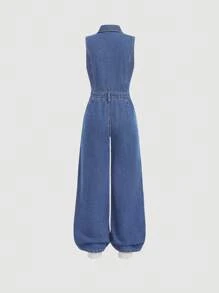 SHEIN 少女 Y2K 复古水洗斜口袋宽松牛仔背带裤，音乐会节日休闲装，返校服，复古风 - 中等水洗藍 - 查看 3