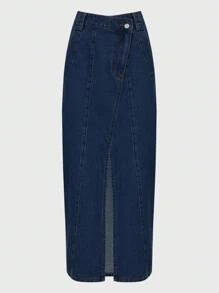 Daynim Chân váy denim bất đối xứng thường ngày dành cho nữ - Rửa tối - Xem 6