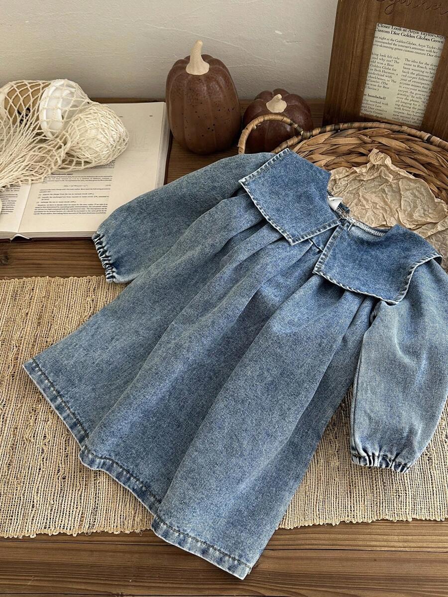 SHEIN Robe en jean ample à manches lanternes lavées avec col surdimensionné, style mode été pour bébé fille. Convient pour les sorties, les courses, les fêtes, les activités décontractées à la maison et en extérieur