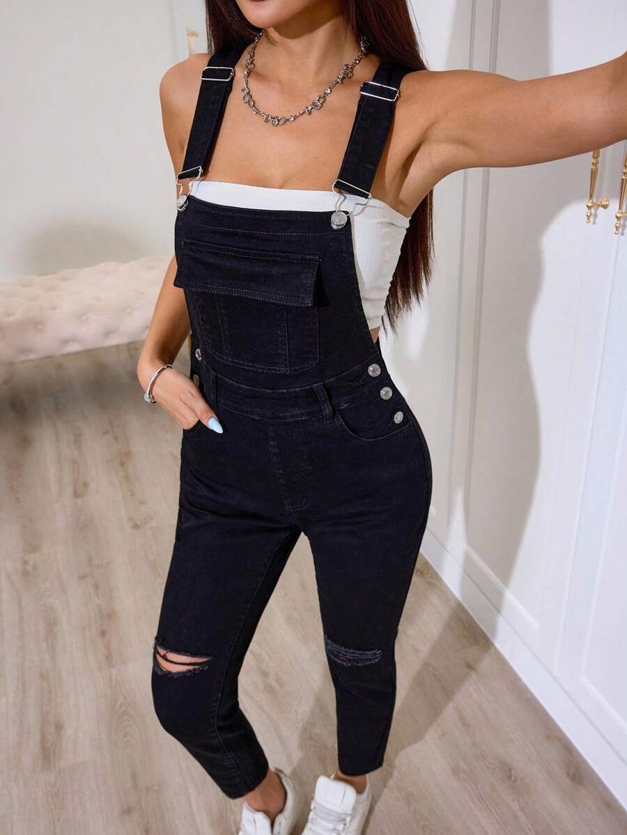 SHEIN PETITE Women's Pocket Distressed Skinny Casual Denim Jumpsuit