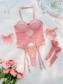 PetitDoll 7pcs Women's Sexy Lingerie Set (Underwire Bra, G-String, Choker, 2 Wrist Cuffs, 2 Fishnet Stockings) - Baby Pink - View 6