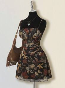 SHEIN ICON Women's Vintage Maple Leaf Print Pleated Mini Dress, Suitable For Summer Vacation, Back To School Clothes Floral Print Dress Butterfly Print Dress,Party Dress Fall Dress Autumn Dress Earth Tone Dress