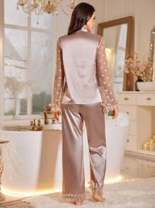 LuxeNights 女士3D立体花卉蕾丝爱心网纱拼接仿丝缎睡衣套装，家居服套装，新娘睡衣套装，秋冬服装 - 香檳色 - 查看 2