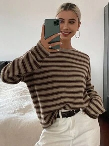 Livesso Women's Casual Drop Shoulder Long Sleeve Striped Sweater, Autumn,Fall Women Clothes - Brown - View 5