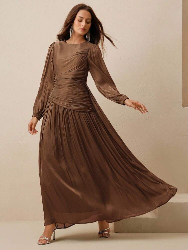 Anewsta Essential Women's Long Dress, Round Neck, Waist Ruched, Puff Sleeve, Long Sleeve, Olive Green, Glossy, Elegant & Versatile Dress