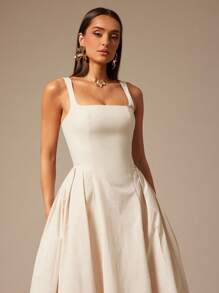 Silquee Women's Solid Color Pleated Design Square Neck Sleeveless Elegant Mid-Length Dress Cream Dress A Line Formal Dress Ankle Length Dress Ivory Dress Suitable For Daily, Dating, Going Out, Nightclub, Party, Autumn, Women's Summer Dresses, Tea Party Dresses