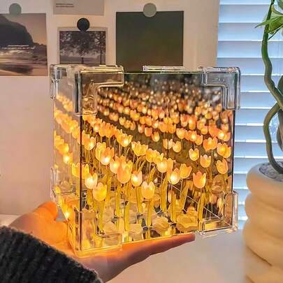Teckwe Regalo creativo hecho a mano, mini luz nocturna con diseño de 20 tulipanes, lámpara de ambiente floral 3D, elegante decoración de escritorio, se ilumina como luz de noche y funciona como espejo al apagarse. Regalo de San Valentín para tu novia.