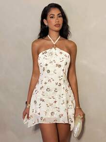 Glamine 女士橙色串珠性感无袖不对称下摆迷你露背度假派对连衣裙 - 杏色 - 查看 7