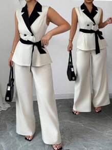 Elenzga Blazer delgado de mujer de doble botonadura con cuello de corbata, cintura ceñida, color contrastante y mezcla de lino, estilo versátil y elegante para uso diario, talla grande