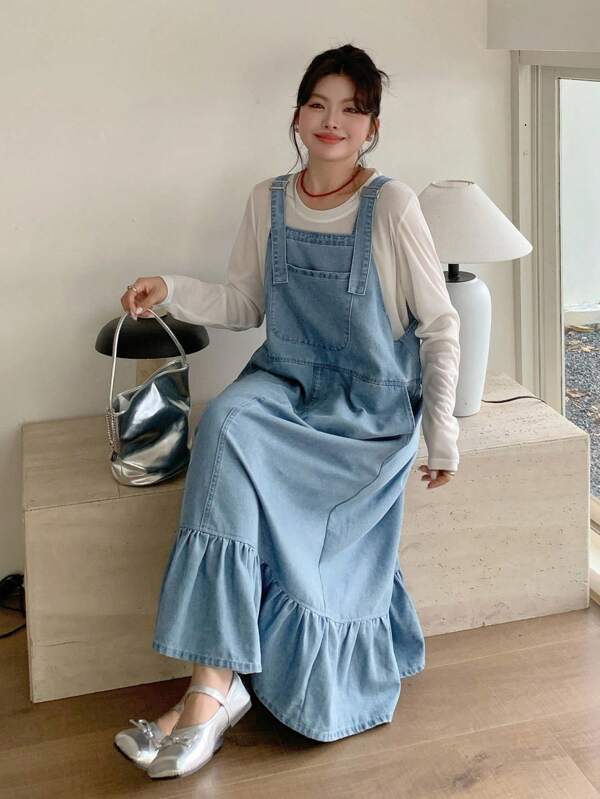 Dazy Plus Washed Blue Strap Loose Casual Long Dress For Girls, Spring/Summer