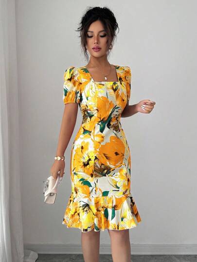 Elenzga Women's Summer Vacation Floral Print Ruffle Hem Puff Sleeve Dress