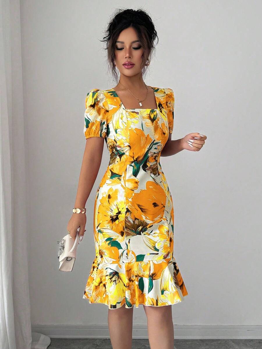 Elenzga Váy tay bồng họa tiết hoa nhí viền bèo nhún cho kỳ nghỉ hè dành cho nữ - Màu vàng - Xem 1