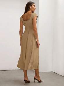 COSMINA 奶油色亚麻混纺拼色修身无袖A字型复古风格优雅女式春秋季连衣裙 - 棕色 - 查看 2