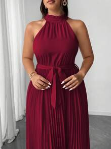 Elenzga 大码女士优雅浪漫假日连衣裙，吊带设计，系带腰身，褶皱设计，酒红色，适合新年派对、婚礼等场合。 - 酒紅色 - 查看 4