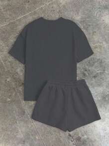 2pcs Women Summer Casual Letter Printed Drop Shoulder Loose T-Shirt And Drawstring Waist Shorts Set