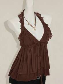 SHEIN ICON Women's Casual Basic Halter Tie Ruffle Hem Double Layer Tank Top Brown Ruffle Top - Brown - View 6