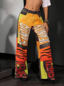 Jeanoix 街头风格涂鸦印花低腰阔腿牛仔裤 - 彩色 - 查看 4