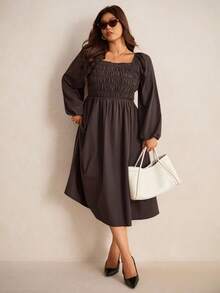 Elaquor Plus Size Elegant Casual Versatile Romantic Fitted Mid-Length Square Neck Coffee Color Dress For Women,Fall Clothes For Women