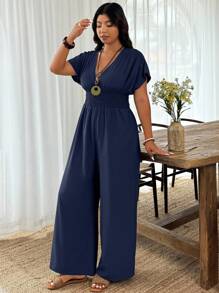EMERY ROSE Plus Size Solid Color V-Neck Short Sleeve Jumpsuit - Navy Blue - View 5