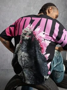 GODZILLAxKONG X SHEIN Men's Casual Monster & Letter Graphic Round Neck Short Sleeve T-Shirt, Summer - Black - View 5