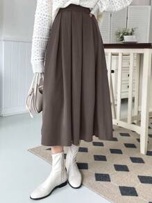 DAZY Casual Versatile Commute Solid Color Pleated Skirt - Maroon - View 3