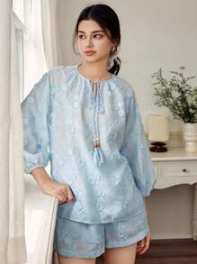 DAZY Women's Summer Loose Casual Holiday Beach Hollow Lace 3D Jacquard Drawstring Spaghetti Strap Beaded Tassel Decor Top And Shorts 2 Pieces Set